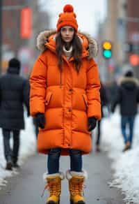 woman wearing gorpcore aesthetic, functional outdoor clothing, bright colored puffer jacket, moonboots, beanie, white wool socks, outerwear, posing for photo in the street