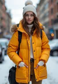 woman wearing gorpcore aesthetic, functional outdoor clothing, bright colored puffer jacket, moonboots, beanie, white wool socks, outerwear, posing for photo in the street