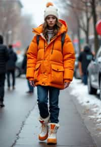 woman wearing gorpcore aesthetic, functional outdoor clothing, bright colored puffer jacket, moonboots, beanie, white wool socks, outerwear, posing for photo in the street