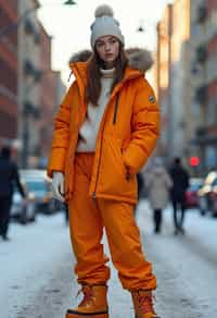 woman wearing gorpcore aesthetic, functional outdoor clothing, bright colored puffer jacket, moonboots, beanie, white wool socks, outerwear, posing for photo in the street