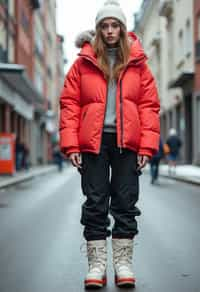 woman wearing gorpcore aesthetic, functional outdoor clothing, bright colored puffer jacket, moonboots, beanie, white wool socks, outerwear, posing for photo in the street