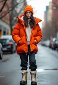 woman wearing gorpcore aesthetic, functional outdoor clothing, bright colored puffer jacket, moonboots, beanie, white wool socks, outerwear, posing for photo in the street