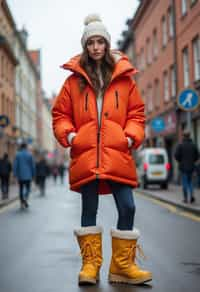 woman wearing gorpcore aesthetic, functional outdoor clothing, bright colored puffer jacket, moonboots, beanie, white wool socks, outerwear, posing for photo in the street