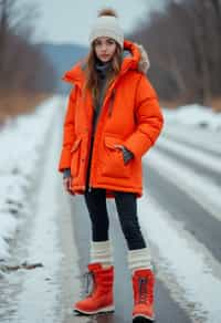 woman wearing gorpcore aesthetic, functional outdoor clothing, bright colored puffer jacket, moonboots, beanie, white wool socks, outerwear, posing for photo in the street