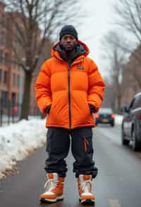 man wearing gorpcore aesthetic, functional outdoor clothing, bright colored puffer jacket, moonboots, beanie, white wool socks, outerwear, posing for photo in the street