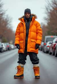 man wearing gorpcore aesthetic, functional outdoor clothing, bright colored puffer jacket, moonboots, beanie, white wool socks, outerwear, posing for photo in the street