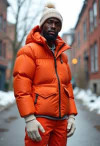 man wearing gorpcore aesthetic, functional outdoor clothing, bright colored puffer jacket, moonboots, beanie, white wool socks, outerwear, posing for photo in the street