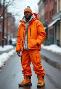 man wearing gorpcore aesthetic, functional outdoor clothing, bright colored puffer jacket, moonboots, beanie, white wool socks, outerwear, posing for photo in the street