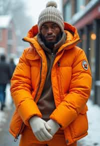 man wearing gorpcore aesthetic, functional outdoor clothing, bright colored puffer jacket, moonboots, beanie, white wool socks, outerwear, posing for photo in the street