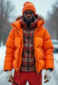 man wearing gorpcore aesthetic, functional outdoor clothing, bright colored puffer jacket, moonboots, beanie, white wool socks, outerwear, posing for photo in the street