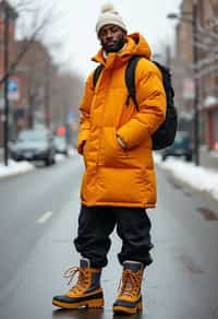 man wearing gorpcore aesthetic, functional outdoor clothing, bright colored puffer jacket, moonboots, beanie, white wool socks, outerwear, posing for photo in the street