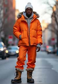 man wearing gorpcore aesthetic, functional outdoor clothing, bright colored puffer jacket, moonboots, beanie, white wool socks, outerwear, posing for photo in the street