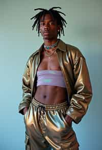 man wearing Y2K aesthetic, 2000s fashion, aughts style, noughties style, grunge or 2000s style, oversized washed out style, baggy pants, low rise pants or cargo pants, crop top, Choker, Metallic, iridescent fabrics, posing for photo