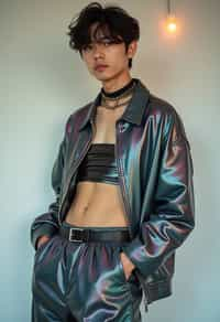 man wearing Y2K aesthetic, 2000s fashion, aughts style, noughties style, grunge or 2000s style, oversized washed out style, baggy pants, low rise pants or cargo pants, crop top, Choker, Metallic, iridescent fabrics, posing for photo