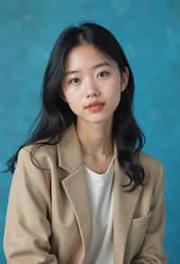 (school portrait) photo headshot of a young 18 y o woman in 1990s style, nineties style, 90s, 1990s fashion, 1990s hair, school, woman is sitting and posing for a (yearbook) picture, blue yearbook background, official school yearbook photo, woman sitting (looking straight into camera), (school shoot), (inside), blue yearbook background