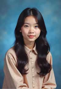 (school portrait) photo headshot of a young 18 y o woman in 1990s style, nineties style, 90s, 1990s fashion, 1990s hair, school, woman is sitting and posing for a (yearbook) picture, blue yearbook background, official school yearbook photo, woman sitting (looking straight into camera), (school shoot), (inside), blue yearbook background