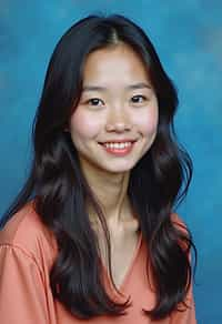 (school portrait) photo headshot of a young 18 y o woman in 1990s style, nineties style, 90s, 1990s fashion, 1990s hair, school, woman is sitting and posing for a (yearbook) picture, blue yearbook background, official school yearbook photo, woman sitting (looking straight into camera), (school shoot), (inside), blue yearbook background