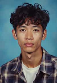 (school portrait) photo headshot of a young 18 y o man in 1990s style, nineties style, 90s, 1990s fashion, 1990s hair, school, man is sitting and posing for a (yearbook) picture, blue yearbook background, official school yearbook photo, man sitting (looking straight into camera), (school shoot), (inside), blue yearbook background