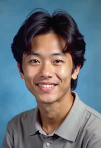 (school portrait) photo headshot of a young 18 y o man in 1990s style, nineties style, 90s, 1990s fashion, 1990s hair, school, man is sitting and posing for a (yearbook) picture, blue yearbook background, official school yearbook photo, man sitting (looking straight into camera), (school shoot), (inside), blue yearbook background