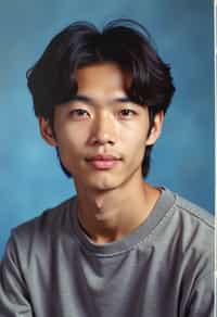 (school portrait) photo headshot of a young 18 y o man in 1990s style, nineties style, 90s, 1990s fashion, 1990s hair, school, man is sitting and posing for a (yearbook) picture, blue yearbook background, official school yearbook photo, man sitting (looking straight into camera), (school shoot), (inside), blue yearbook background