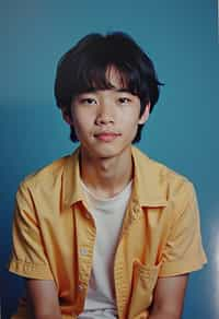 (school portrait) photo headshot of a young 18 y o man in 1990s style, nineties style, 90s, 1990s fashion, 1990s hair, school, man is sitting and posing for a (yearbook) picture, blue yearbook background, official school yearbook photo, man sitting (looking straight into camera), (school shoot), (inside), blue yearbook background