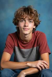 (school portrait) photo headshot of a young 18 y o man in 1990s style, nineties style, 90s, 1990s fashion, 1990s hair, school, man is sitting and posing for a (yearbook) picture, blue yearbook background, official school yearbook photo, man sitting (looking straight into camera), (school shoot), (inside), blue yearbook background