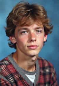 (school portrait) photo headshot of a young 18 y o man in 1990s style, nineties style, 90s, 1990s fashion, 1990s hair, school, man is sitting and posing for a (yearbook) picture, blue yearbook background, official school yearbook photo, man sitting (looking straight into camera), (school shoot), (inside), blue yearbook background