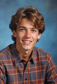 (school portrait) photo headshot of a young 18 y o man in 1990s style, nineties style, 90s, 1990s fashion, 1990s hair, school, man is sitting and posing for a (yearbook) picture, blue yearbook background, official school yearbook photo, man sitting (looking straight into camera), (school shoot), (inside), blue yearbook background