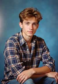 (school portrait) photo headshot of a young 18 y o man in 1990s style, nineties style, 90s, 1990s fashion, 1990s hair, school, man is sitting and posing for a (yearbook) picture, blue yearbook background, official school yearbook photo, man sitting (looking straight into camera), (school shoot), (inside), blue yearbook background