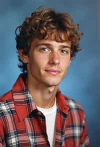 (school portrait) photo headshot of a young 18 y o man in 1990s style, nineties style, 90s, 1990s fashion, 1990s hair, school, man is sitting and posing for a (yearbook) picture, blue yearbook background, official school yearbook photo, man sitting (looking straight into camera), (school shoot), (inside), blue yearbook background