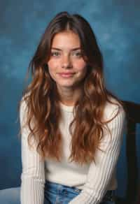 (school portrait) photo headshot of a young 18 y o woman in 1990s style, nineties style, 90s, 1990s fashion, 1990s hair, school, woman is sitting and posing for a (yearbook) picture, blue yearbook background, official school yearbook photo, woman sitting (looking straight into camera), (school shoot), (inside), blue yearbook background