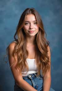 (school portrait) photo headshot of a young 18 y o woman in 1990s style, nineties style, 90s, 1990s fashion, 1990s hair, school, woman is sitting and posing for a (yearbook) picture, blue yearbook background, official school yearbook photo, woman sitting (looking straight into camera), (school shoot), (inside), blue yearbook background