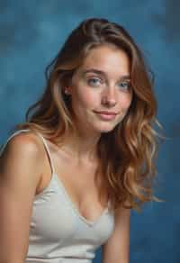 (school portrait) photo headshot of a young 18 y o woman in 1990s style, nineties style, 90s, 1990s fashion, 1990s hair, school, woman is sitting and posing for a (yearbook) picture, blue yearbook background, official school yearbook photo, woman sitting (looking straight into camera), (school shoot), (inside), blue yearbook background