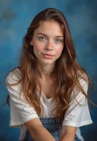 (school portrait) photo headshot of a young 18 y o woman in 1990s style, nineties style, 90s, 1990s fashion, 1990s hair, school, woman is sitting and posing for a (yearbook) picture, blue yearbook background, official school yearbook photo, woman sitting (looking straight into camera), (school shoot), (inside), blue yearbook background