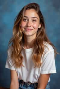 (school portrait) photo headshot of a young 18 y o woman in 1990s style, nineties style, 90s, 1990s fashion, 1990s hair, school, woman is sitting and posing for a (yearbook) picture, blue yearbook background, official school yearbook photo, woman sitting (looking straight into camera), (school shoot), (inside), blue yearbook background