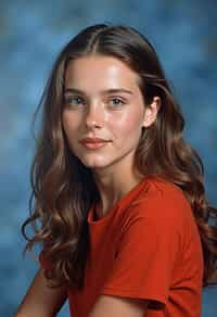 (school portrait) photo headshot of a young 18 y o woman in 1990s style, nineties style, 90s, 1990s fashion, 1990s hair, school, woman is sitting and posing for a (yearbook) picture, blue yearbook background, official school yearbook photo, woman sitting (looking straight into camera), (school shoot), (inside), blue yearbook background