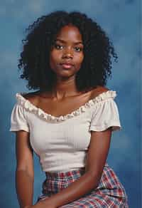 (school portrait) photo headshot of a young 18 y o woman in 1990s style, nineties style, 90s, 1990s fashion, 1990s hair, school, woman is sitting and posing for a (yearbook) picture, blue yearbook background, official school yearbook photo, woman sitting (looking straight into camera), (school shoot), (inside), blue yearbook background