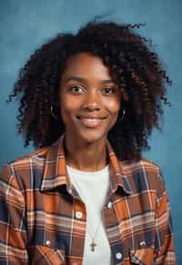 (school portrait) photo headshot of a young 18 y o woman in 1990s style, nineties style, 90s, 1990s fashion, 1990s hair, school, woman is sitting and posing for a (yearbook) picture, blue yearbook background, official school yearbook photo, woman sitting (looking straight into camera), (school shoot), (inside), blue yearbook background