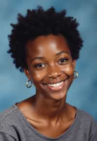 (school portrait) photo headshot of a young 18 y o woman in 1990s style, nineties style, 90s, 1990s fashion, 1990s hair, school, woman is sitting and posing for a (yearbook) picture, blue yearbook background, official school yearbook photo, woman sitting (looking straight into camera), (school shoot), (inside), blue yearbook background