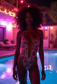 woman with hourglass figure,  in floral silk lingerie  at pool party with neon lights