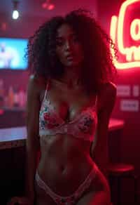 woman with hourglass figure,  in floral silk lingerie  at cocktail bar with neon lights