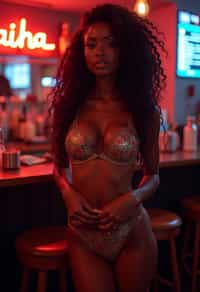 woman with hourglass figure,  in floral silk lingerie  at cocktail bar with neon lights