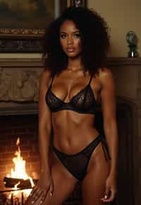 insanely beautiful  sexy woman in a captivating bra and panty set with a garter, posed in front of a fireplace