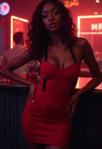 woman wearing (red bodycon dress) with (black suspenders garters)  in night club neon lights