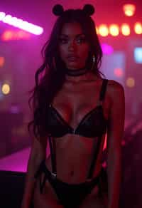 woman wearing (sexy nightlife lingerie club outfit mad max suspenders) with (black suspenders garters) in night club neon lights