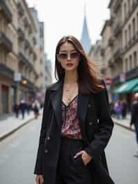 stylish and chic  woman in Buenos Aires wearing a modern street style outfit, Obelisco de Buenos Aires in the background