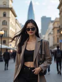 stylish and chic  woman in Buenos Aires wearing a modern street style outfit, Obelisco de Buenos Aires in the background