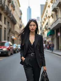 stylish and chic  woman in Buenos Aires wearing a modern street style outfit, Obelisco de Buenos Aires in the background