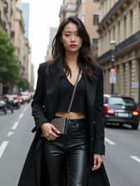 stylish and chic  woman in Buenos Aires wearing a modern street style outfit, Obelisco de Buenos Aires in the background