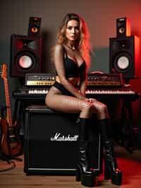 woman posing in a music studio surrounded by various speakers, a guitar, and a keyboard. She is sitting on a Marshall amplifier and is dressed in a revealing outfit consisting of fishnet attire and knee-high platform boots. Her look is complemented by her styled hair and a contemplative expression on her face. The lighting in the room highlights her and casts a glow that enhances the ambience of the studio setting. the photo emphasizes their exaggerated, idealized body shapes.